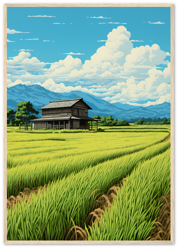 Illustration of a traditional house in a lush green rice field with mountains and blue sky in the background.