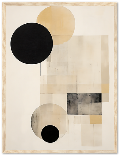 Abstract geometric art with circles and rectangles in black, beige, and cream tones within a wooden frame.