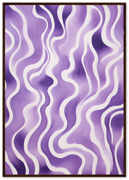 An abstract painting with wavy purple and white patterns framed in brown.