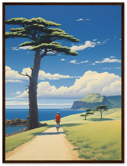 A painting of a person walking down a path toward the sea with a tree and cliffs in the background, in a wooden frame.