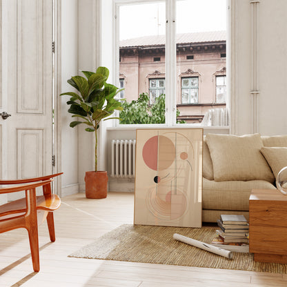 A cozy living room with modern furniture and a large plant by the window.