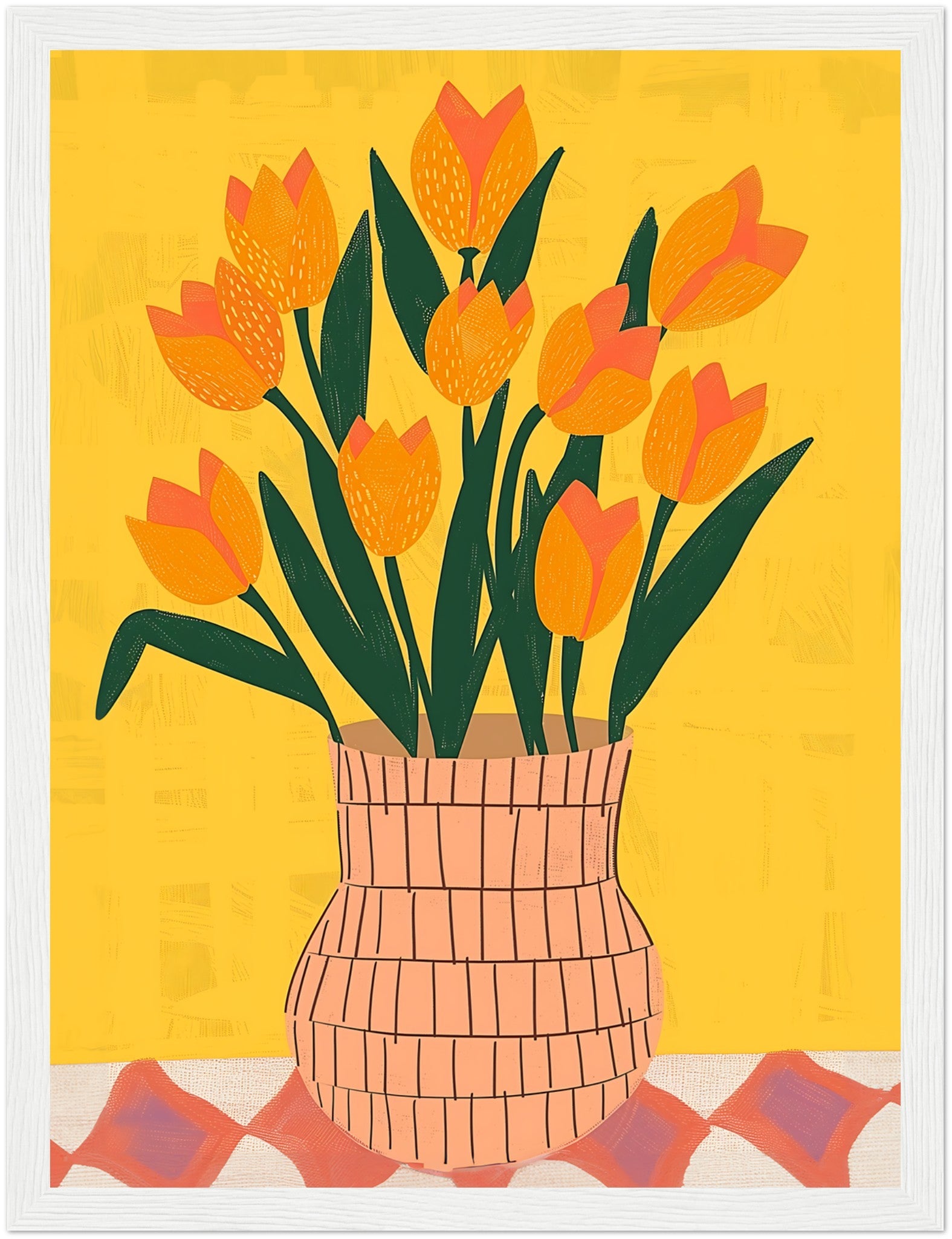 A colorful illustration of a vase with orange tulips on a yellow background.