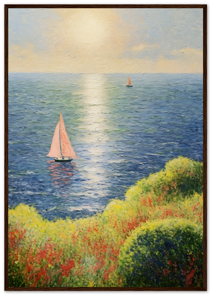 A framed painting of sailboats on a serene sea with colorful foliage in the foreground.