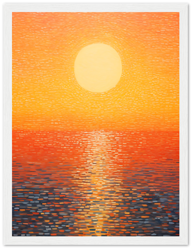 A framed painting of a sunset with a large sun over a body of water, in warm colors.