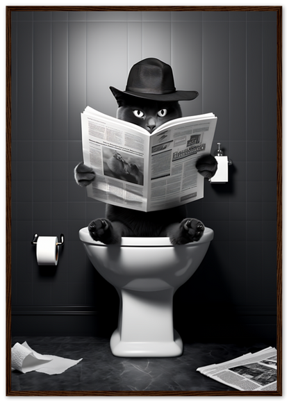 An illustration of a cat wearing a hat, reading a newspaper while sitting on a toilet.