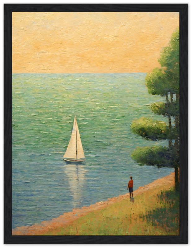 Painting of a person standing by a lake watching a sailboat at sunset.