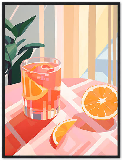 Illustration of a glass of iced drink with orange slices and a half-cut orange on the side.