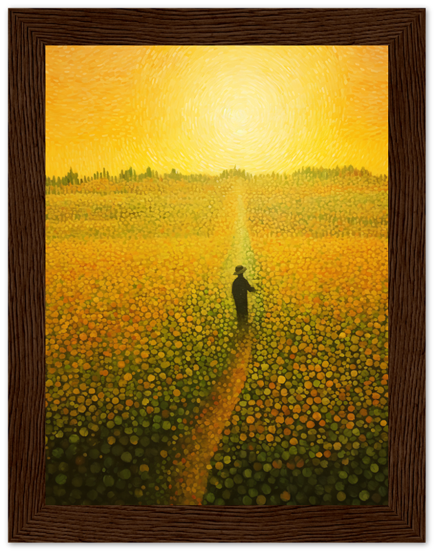 A painting of a person standing in a vibrant field of flowers with a swirling yellow sky.