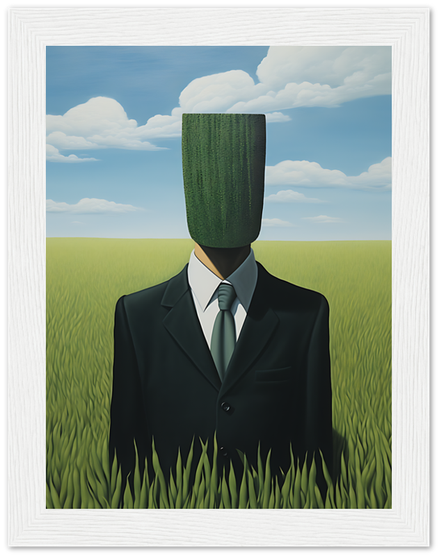 Painting of a man in suit with a green apple obscuring his face, in a field.