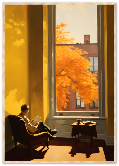 A person reading by a window with a view of autumn leaves.