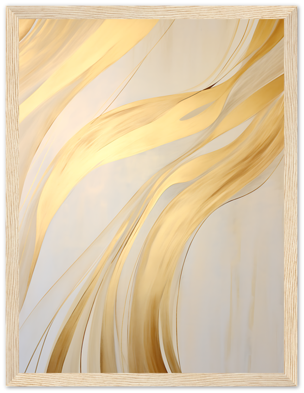 Abstract golden swirls artwork in a light wooden frame.