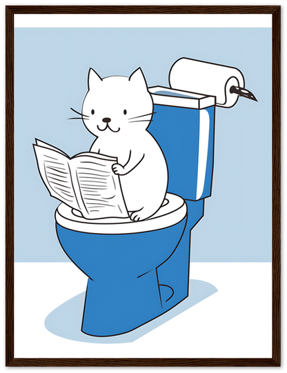 A cartoon of a cat reading a newspaper while sitting on a toilet.