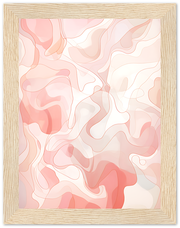Abstract pastel-toned artwork with fluid shapes, framed in light wood.