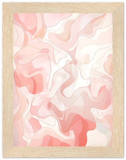 Abstract pastel-toned artwork with fluid shapes, framed in light wood.