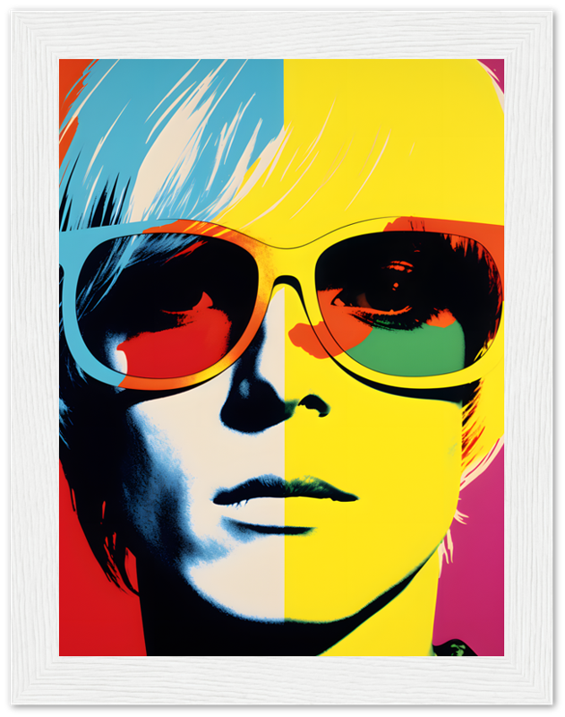 Pop art style portrait of a person with sunglasses, colorful quadrants, and a white frame.