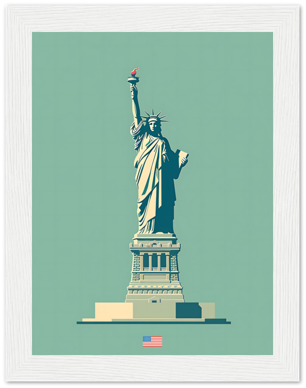 Illustration of the Statue of Liberty with a stylized American flag below it.