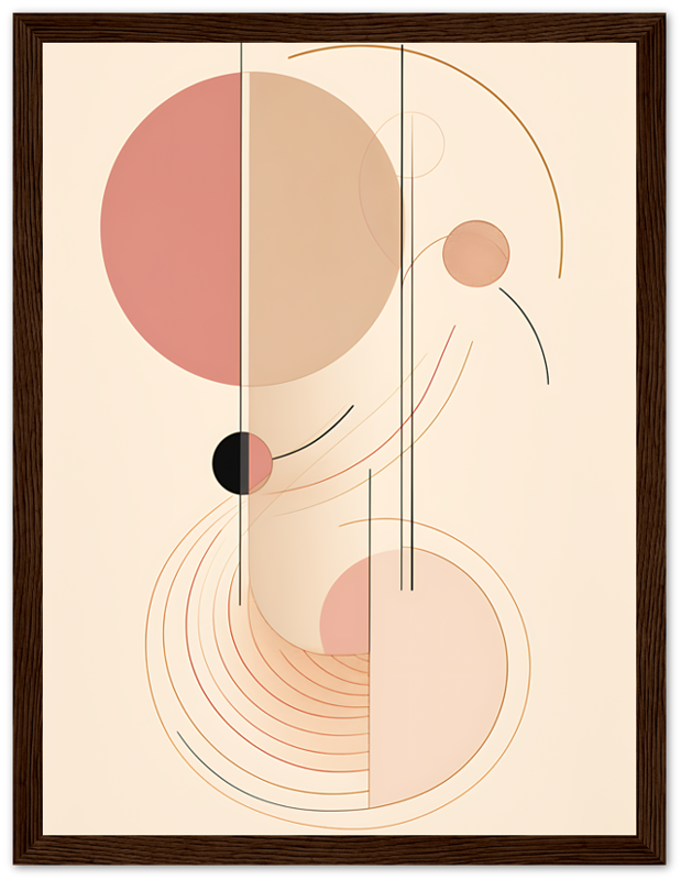 Abstract geometric art with circles and lines in warm tones, framed.