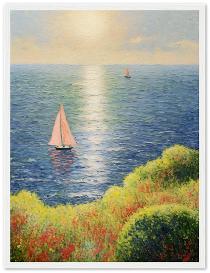 A framed painting of sailboats on a serene sea with colorful foliage in the foreground.