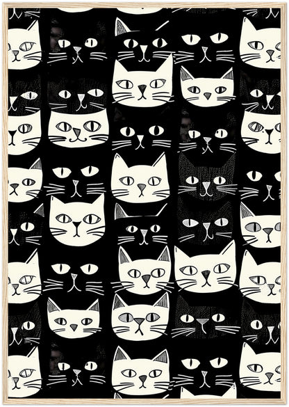 Black and white patterned artwork featuring various stylized cat faces.