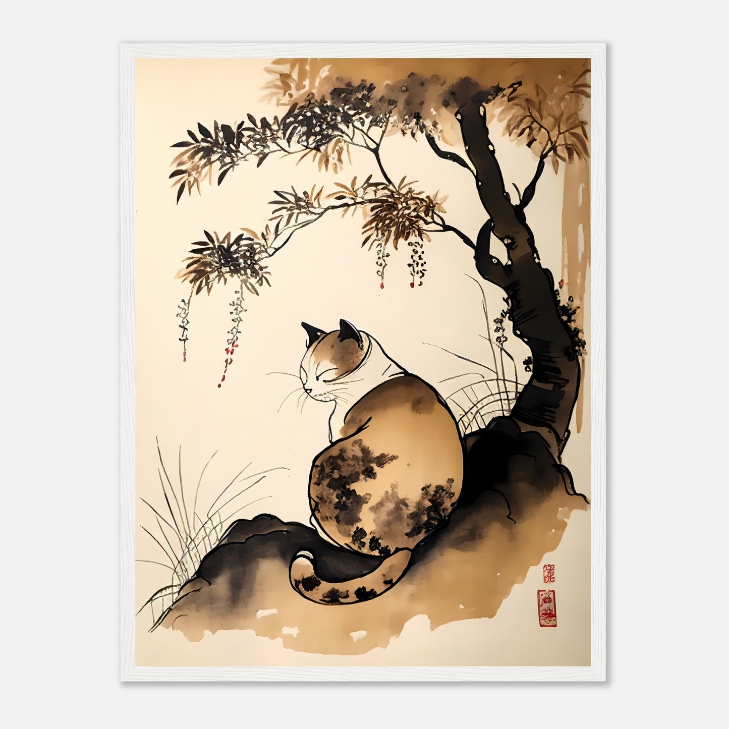 A traditional Asian-style painting of a cat under a tree with hanging foliage.