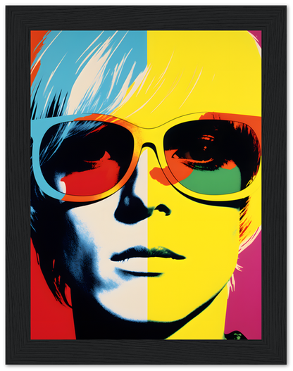 Pop art style portrait with four colorful quadrants and a person in sunglasses.