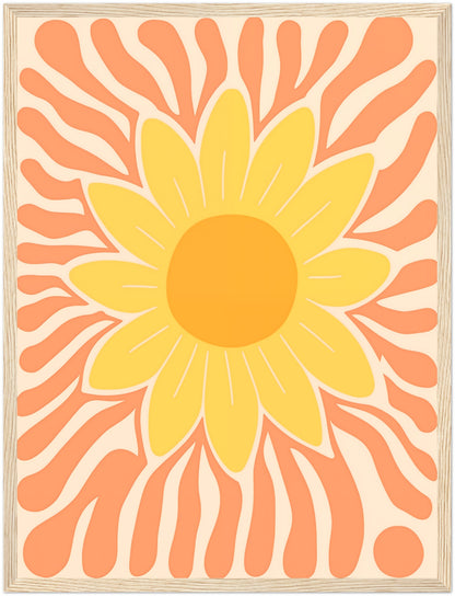 A framed artwork featuring an abstract, stylized sunflower in warm shades of yellow and orange.