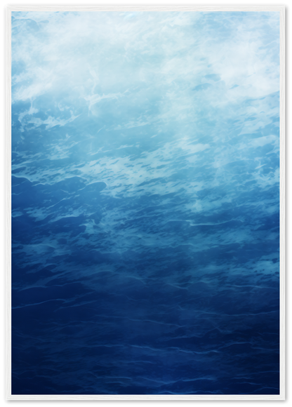 Painting of a tranquil blue ocean view with clouds, framed in dark wood.