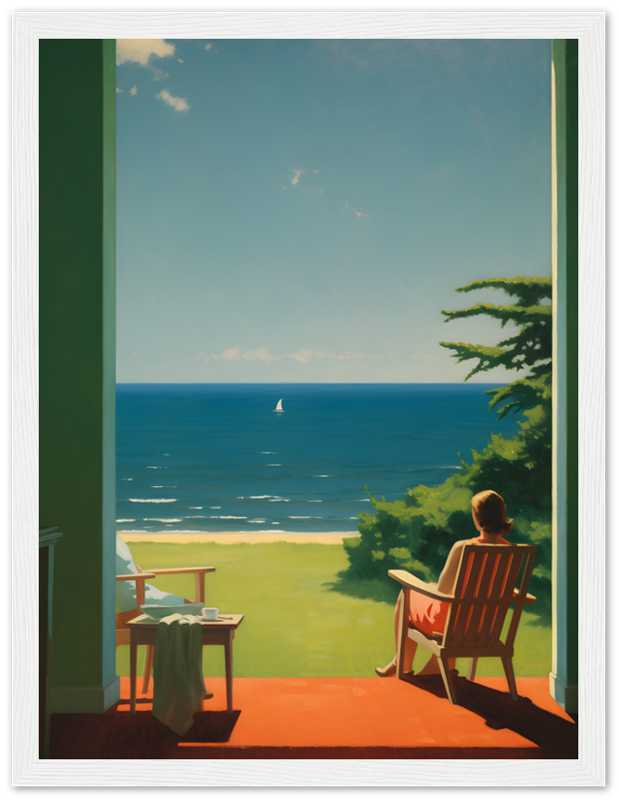 Painting of a person sitting on a chair watching the sea from a porch framed by a wooden doorway.