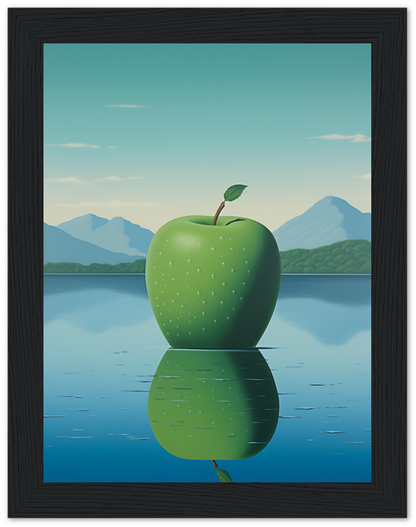 Framed painting of a green apple with a reflection on water, mountains in the background.