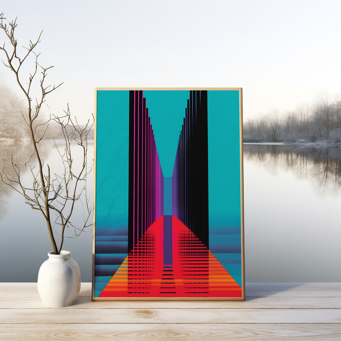 A modern abstract art piece in vibrant colors displayed in a frame beside a vase with branches on a reflective surface.