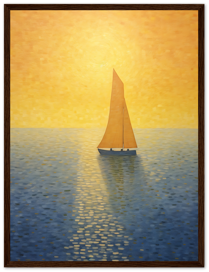 A painting of a solitary sailboat on a shimmering sea at sunset, framed on a wall.