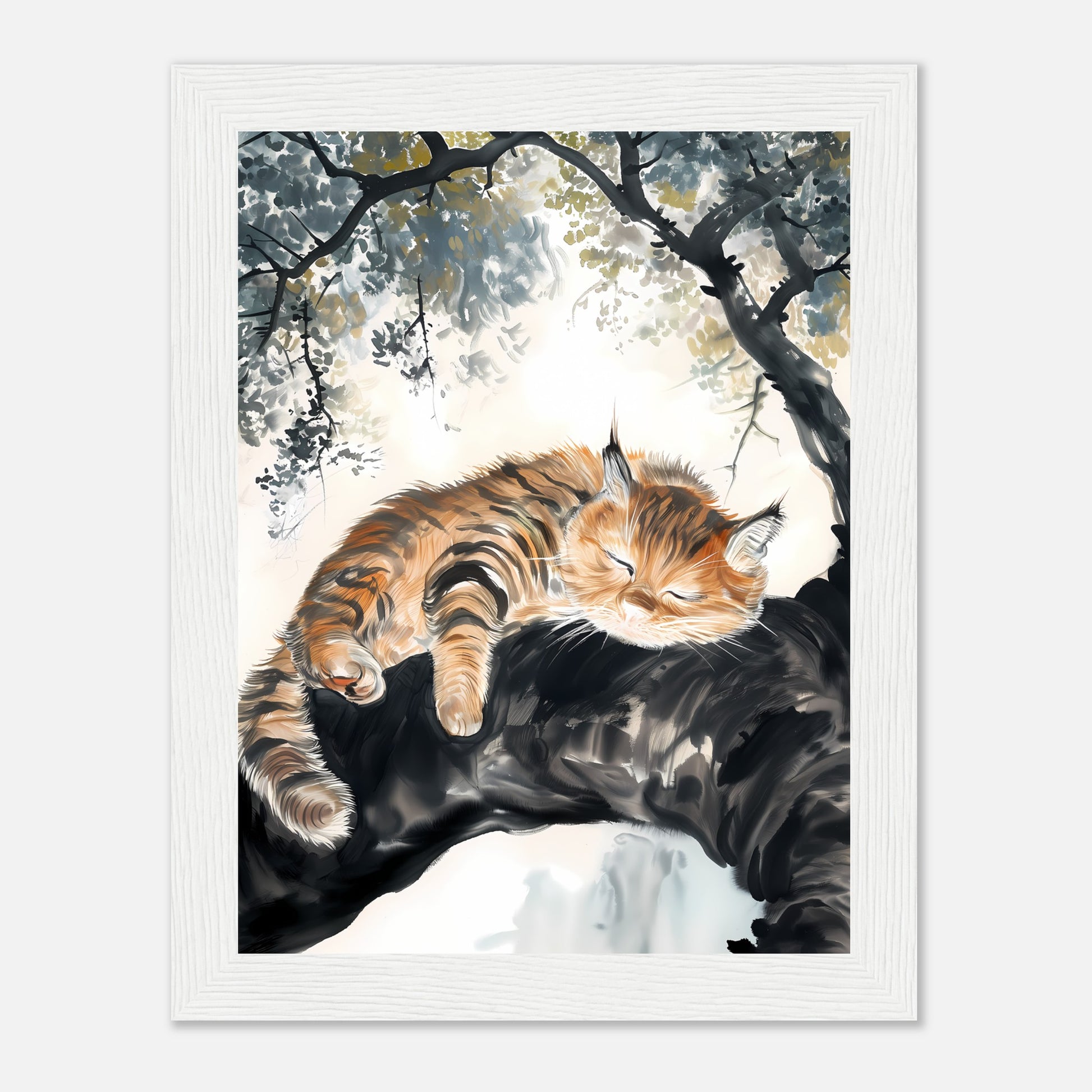 A painting of an orange tabby cat lounging on a tree branch.