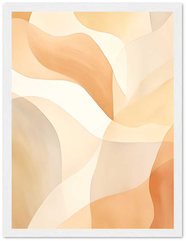 Abstract wavy shapes in warm shades of orange and beige within a white frame.