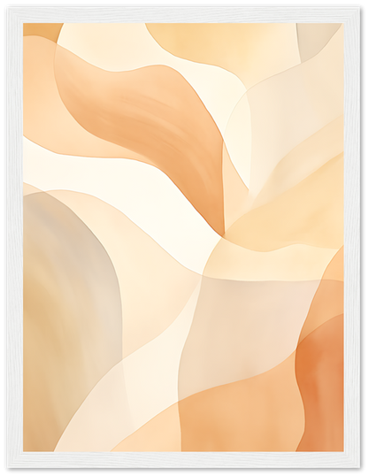 Abstract wavy shapes in warm shades of orange and beige within a white frame.
