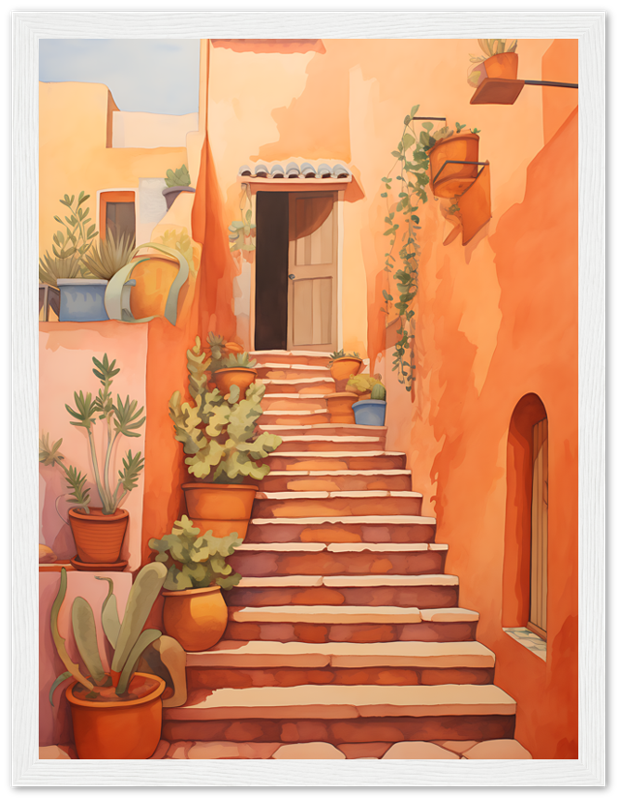 A painting of a warm, sunlit staircase with potted plants alongside an orange wall.