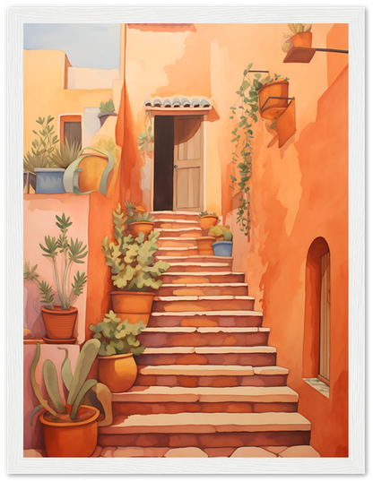 A painting of a warm, sunlit staircase with potted plants alongside an orange wall.