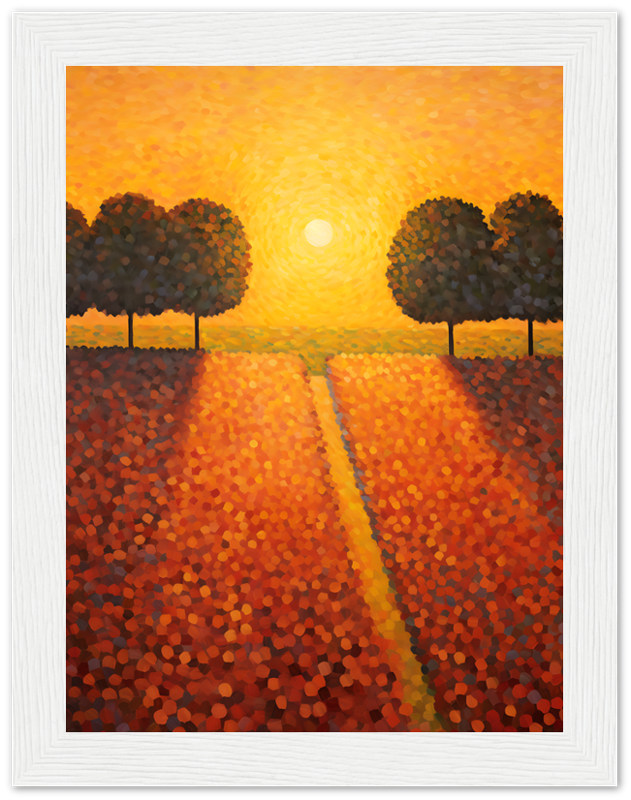 A stylized painting of a sunset over a field with a pathway between trees.