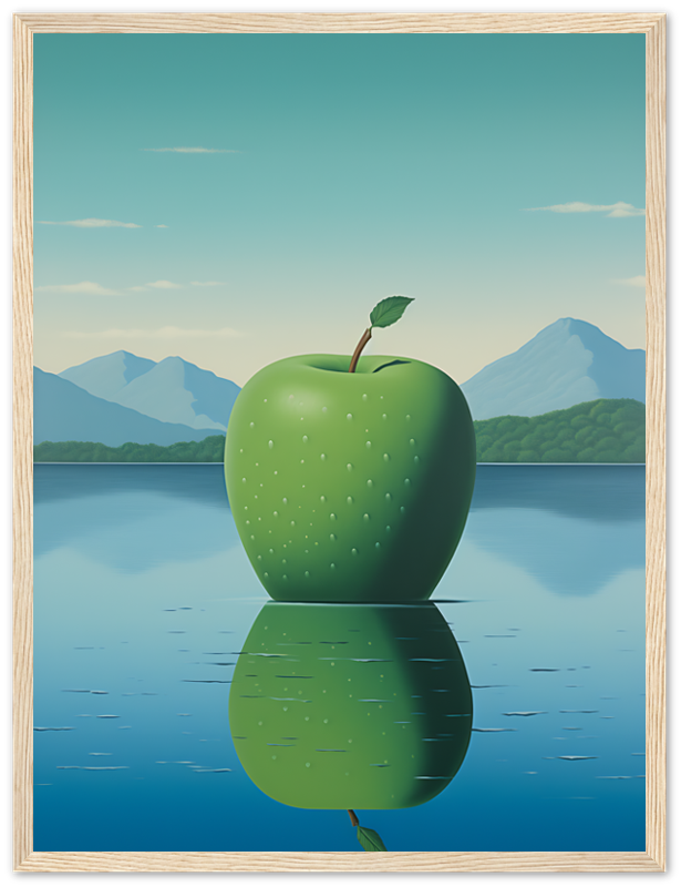 Painting of a large green apple in a wooden frame with a mountainous landscape and lake in the background.