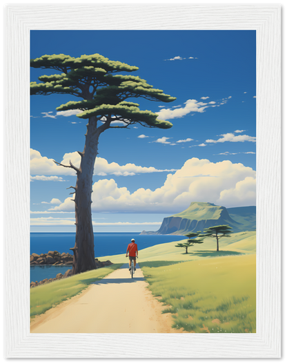 A person walking on a path by the sea with a tree and cliffs in the background, framed as a painting.