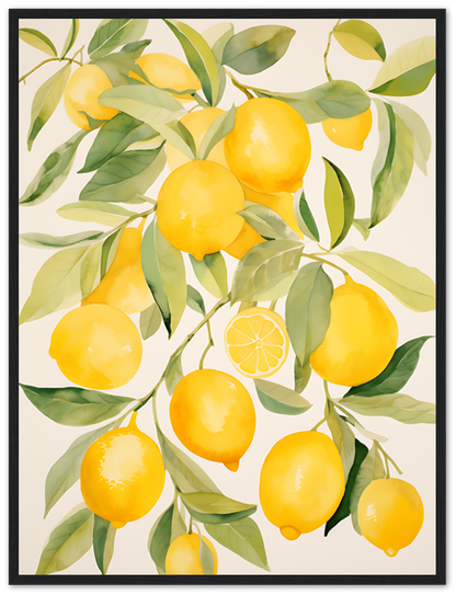 Illustration of bright yellow lemons on branches with green leaves.