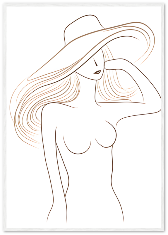 Stylized line drawing of a woman wearing a wide-brimmed hat.