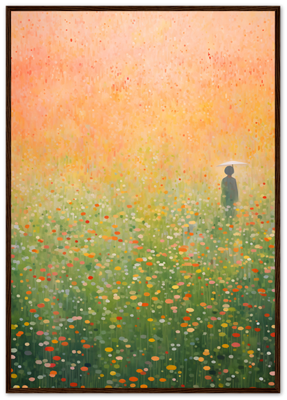 A painting of a person standing in a vibrant field of flowers at dawn or dusk.