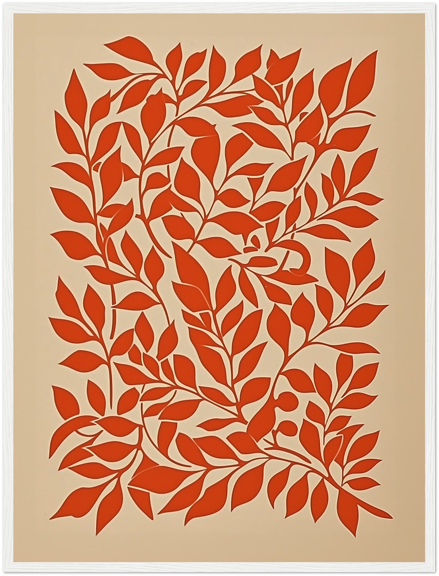 A framed artwork featuring a stylized red leaf pattern on a cream background.