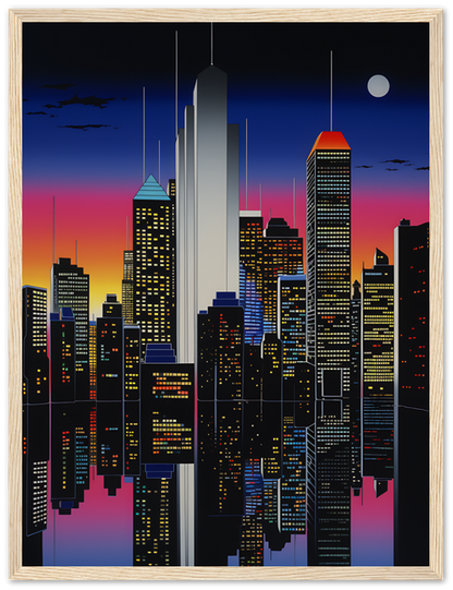 A stylized artwork of a city skyline at dusk with a wooden frame.