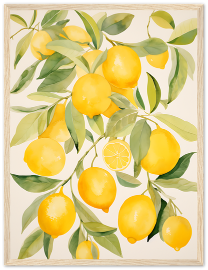 Illustration of vibrant yellow lemons with green leaves on branches.