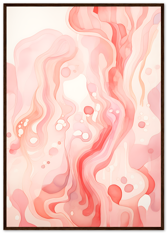 Abstract pink and red fluid art painting with organic shapes in a dark frame.