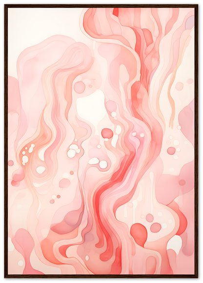 Abstract pink and red fluid art painting with organic shapes in a dark frame.