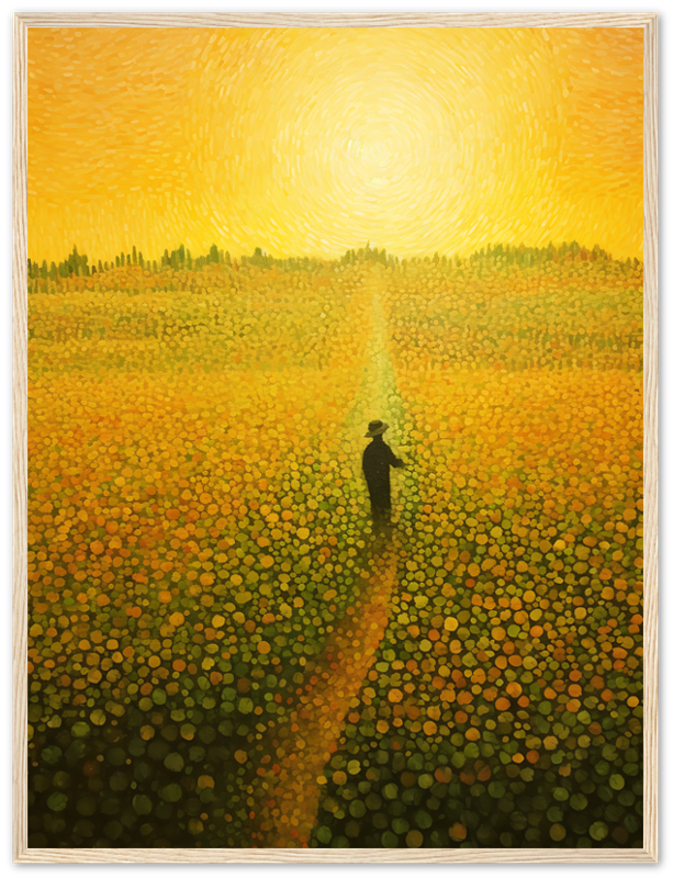 Painting of a person walking on a path through a field of flowers under a swirling yellow sky.