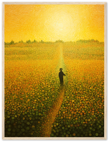 Painting of a person walking on a path through a field of flowers under a swirling yellow sky.