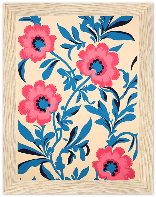 A framed floral pattern with pink flowers and blue leaves on a cream background.